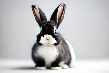 Obraz premium Cute black and white baby rabbit, sitting up facing front. Looking towards camera. Isolated on a white background.
