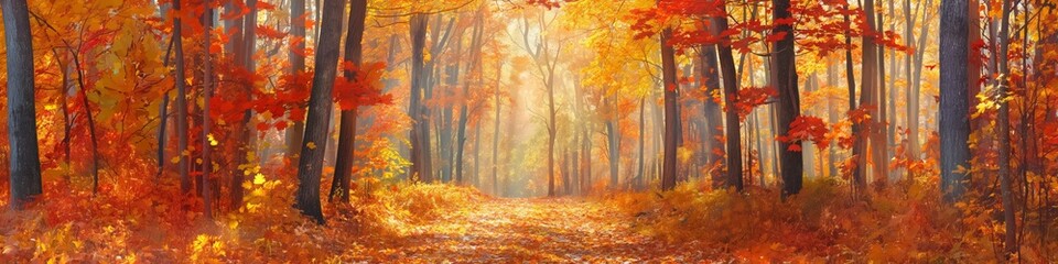 Fototapeta premium A peaceful autumnal woodland with vibrant foliage and sunlight casting a golden glow on the trees.