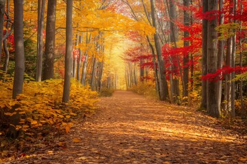 Peaceful autumnal woodland with vibrant foliage and bright sunlight creating a colorful and scenic pathway.