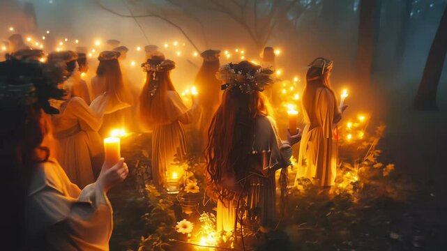 Ethereal Candlelit Gathering of Witches in Misty Forest Celebrating autumn Equinox