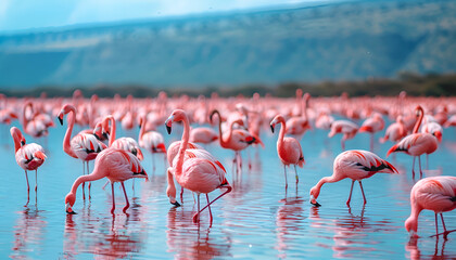 Flocks of flamingo. Africa. Kenya. Lake Nakuru
