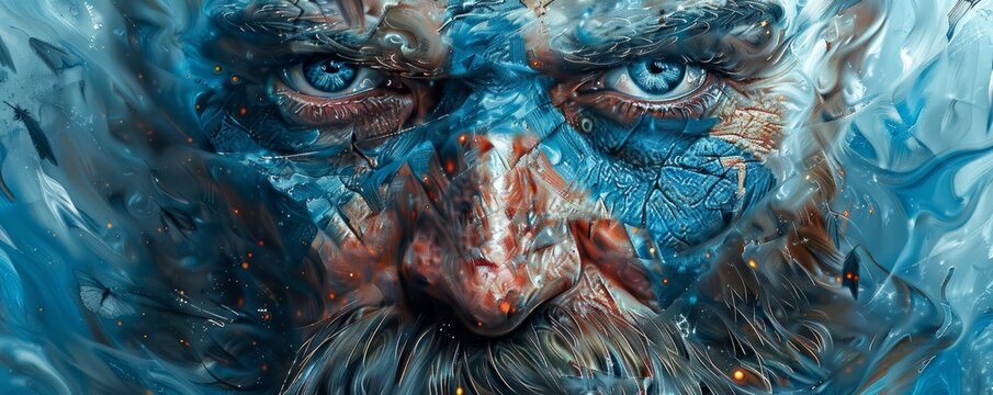 Abstract powerful warrior viking king portrait. Impressive man soldier portrait with blue color and intricate details.