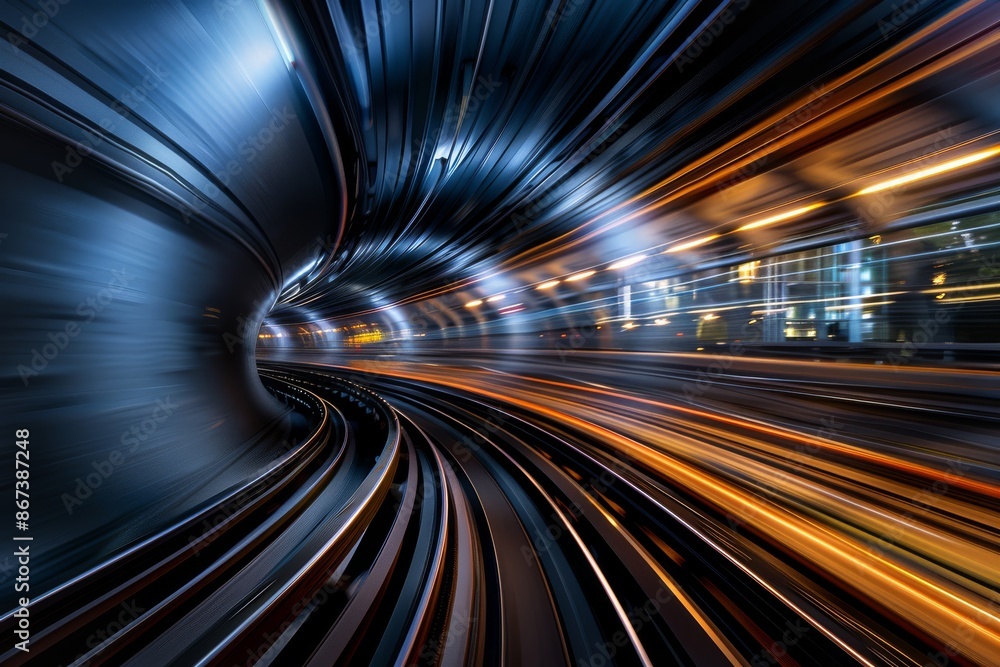 Poster dynamic curved tunnel with metallic design and vivid light trails creating a sci-fi and futuristic a