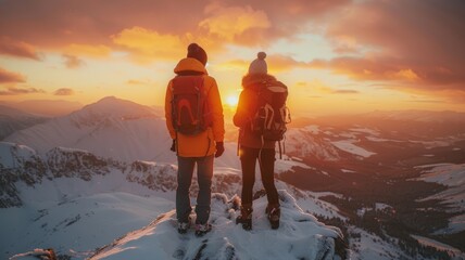 Couple Standing on Mountain Peak at Sunset with Snow Covered Landscape