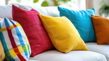 Colorful Pillows Arranged on a White Couch, Decorated for a Modern and Stylish Living Room
