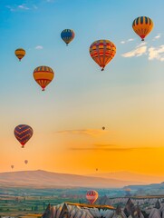 Obraz premium vibrant hot-air balloons hovering in the sky on sunrise, Cappadocia, Turkey