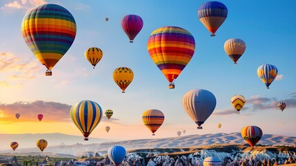 Fototapeta premium vibrant hot-air balloons hovering in the sky on sunrise, Cappadocia, Turkey