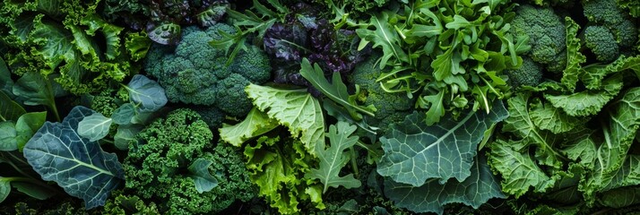 A variety of leafy greens such as kale collard greens and arugula all filled with antioxidants.