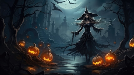 Fototapeta premium Halloween Party Card, Pumpkins And Witch In Graveyard At Night. Halloween Witch a magic Pumpkin in a dark forest., generative ai