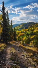 Beautiful fall landscape with green and yellow autumn trees and a rugged off-road track