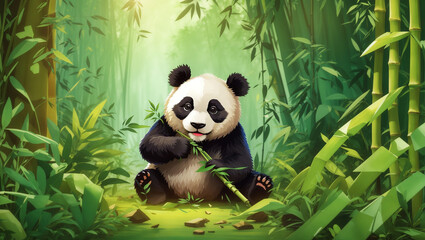 It's a cartoon panda bear eating bamboo stalks in a green forest.
