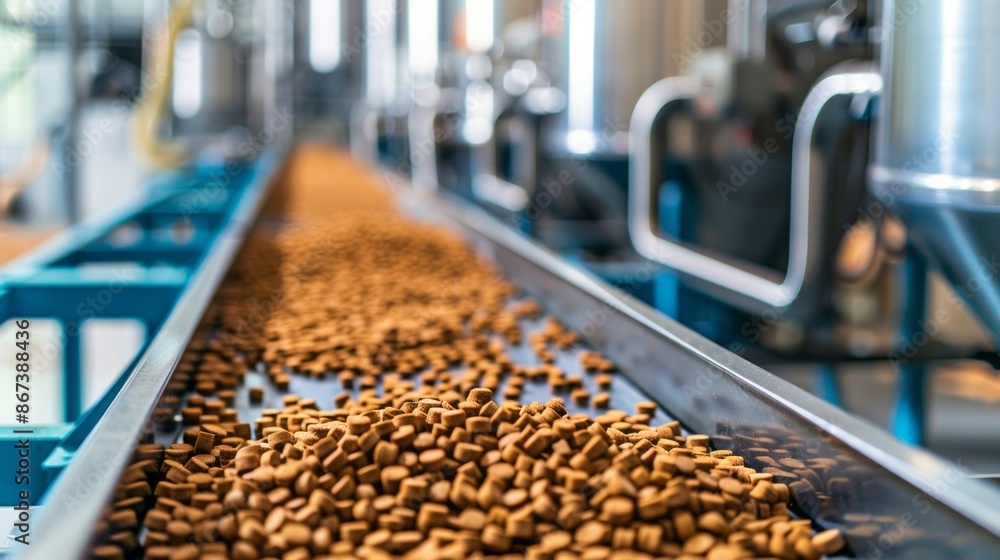 Poster a close-up shot of a conveyor belt carrying a stream of small, golden nuggets. the belt is moving fo