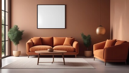 Brown armchairs and sofa by the wall with frame. Scandinavian interior design of modern living room.