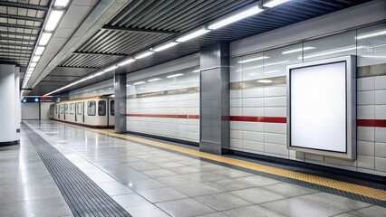 Empty underground train station with a blank advertising poster , subway, transportation, underground, public space, empty, advertisement, poster, blank, urban, city, travel, commute