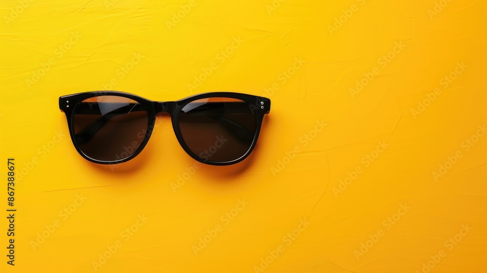 Poster yellow background with black sunglasses and empty space for text sunglasses on orange backdrop with 