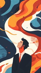 A stylized illustration of a man in a suit with colorful abstract thought clouds swirling overhead