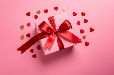Pink gift box wrapped with red ribbon and bow, with red hearts and confetti on a pink background. 