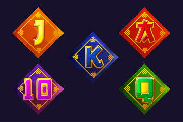 Set of Slot Symbols - Ace, Queen, King, 10, Jack on Colored papers. Chinese Style Icons for 2D Games and Casino or Slots.