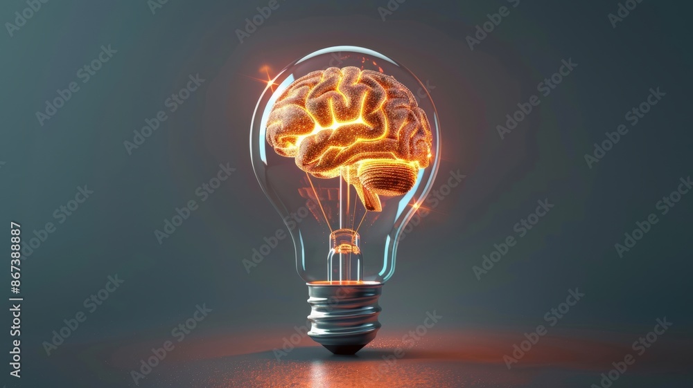 Poster light bulb with a glowing brain inside on a dark background