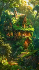 Fototapeta premium Sun shining on a charming fairy house nestled amidst a vibrant green forest, with glowing windows, a welcoming door, and a magical atmosphere