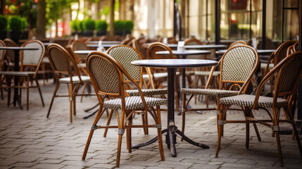 Empty table in outdoor cafe or restaurant. Tables and chairs at sidewalk cafe. Empty outdoor european cafe. Outdoors restaurant. Vacant tables., generative ai