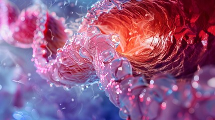A highly detailed visual representation of the esophagus, showing signs of inflammation. The image uses vibrant colors and intricate textures to depict the medical condition.
