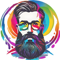 Rainbow-hued full beard adorns man's expressive face. 