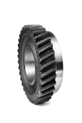 A car gearbox gear, a track transmission gear, a mechanism gear with a beveled engagement tooth. White background, selective focus