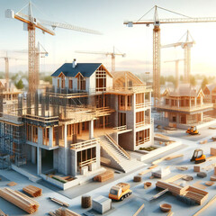 Construction site behind house under construction and construction machines close up of modern modular type close up