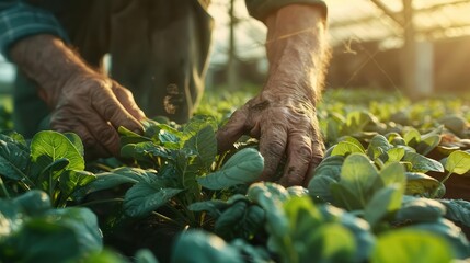organic farming closeup weathered hands of male farmer tending to vibrant vegetables in sunlit greenhouse emphasizing sustainability and connection to nature