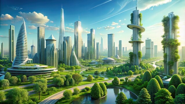 A futuristic utopian city filled with green spaces and sustainable architecture, utopian, dream city, future, green, sustainable, architecture, building, beautiful, skyline, clean