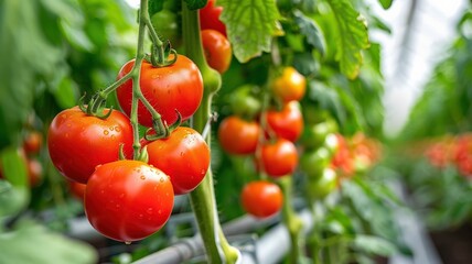 Red Ripe Tomatoes Growing on Vine in Greenhouse