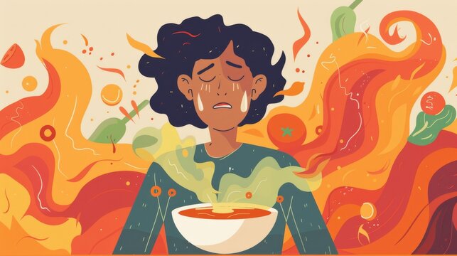 An illustration showing a person experiencing the effects of consuming spicy foods, which can exacerbate GERD (Gastroesophageal Reflux Disease) symptoms.
