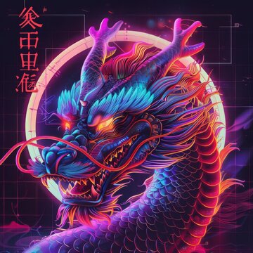 Fusion of traditional Chinese dragon art with retro 80s synthwave aesthetics, showcasing neon accents and digital grids