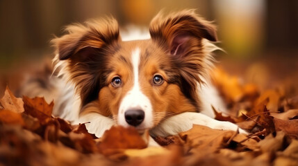 Fototapeta premium Sweet brown collie dog in autumn season, lying down in leafs, relaxing, a cute puppy eyes, generative ai