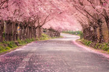 A road lined with cherry blossom trees, petals gently falling on the pavement