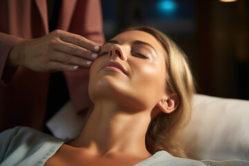 Naklejka premium Ai generative portrait of masseur work manual therapist making anti aging face massage in spa center