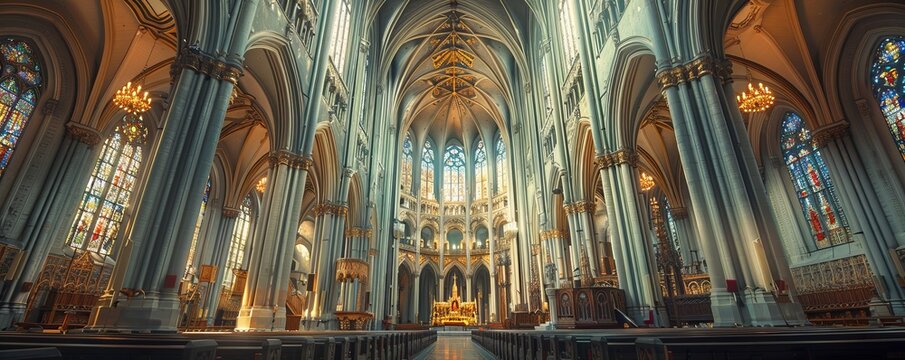 An ancient cathedral with soaring spires and stained glass windows, its interior filled with a sense of awe and wonder.