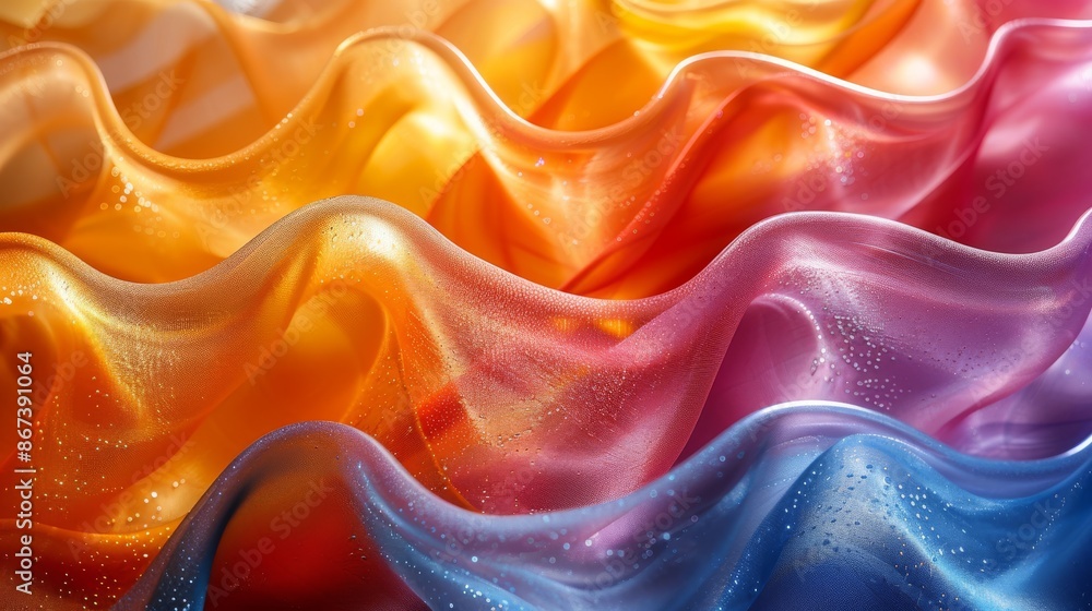 Poster a vibrant multicolored gradient wave texture with reflective surfaces, creating an abstract and flui