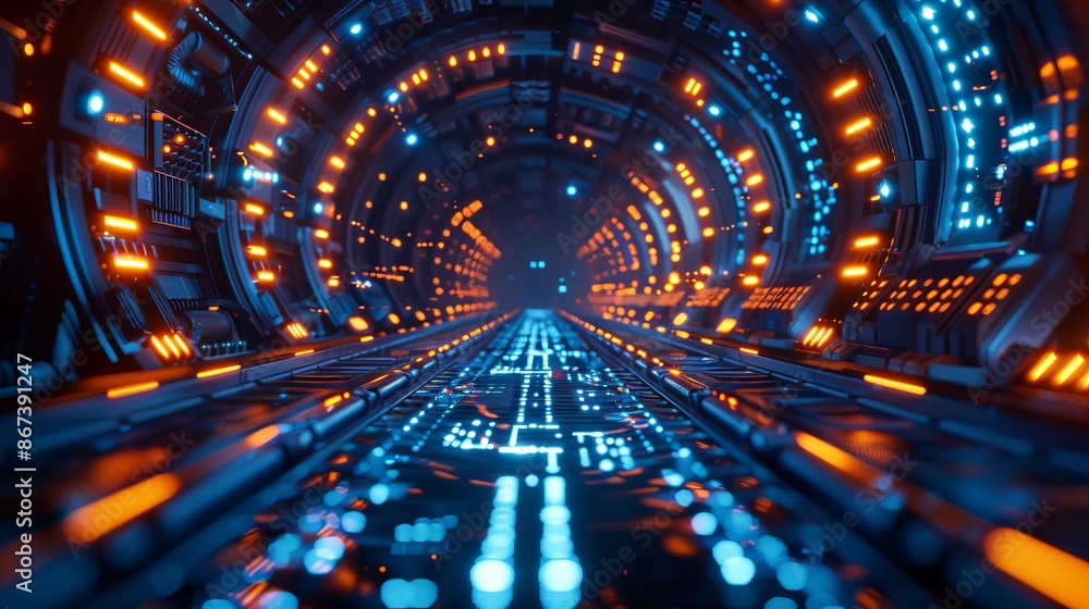 Canvas Prints This image depicts a science fiction tunnel with glowing blue neon lights and a futuristic aesthetic, giving a sense of depth and technology