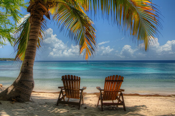 Two wooden chairs under a palm tree on a sandy beach facing a calm turquoise sea, offering a perfect tropical getaway with ample copy space.