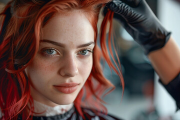 Hairdresser salon room interior, hair specialist making hairdo hairstyle to client, Generative AI