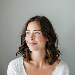 Fototapeta premium A young woman with short wavy hair smiling gently, looking away from the camera. The background is plain grey, providing copy space.