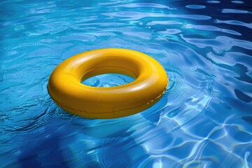 A yellow inflatable ring floats in a pool on a sunny day, perfect for summer fun or kids' playtime