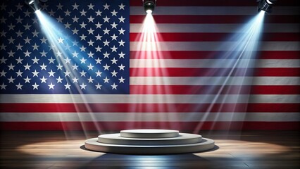Isolated white stage with spotlight shining down on America patriotic flag background, symbolizing freedom and national pride in 3D illustration.