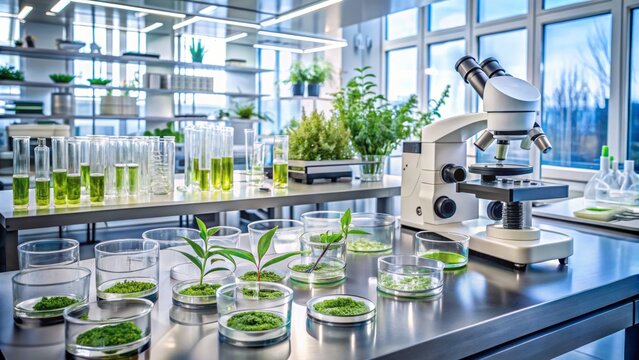 Sterile laboratory setup with petri dishes, microscopes, and various equipment for plant tissue culture and microscopic analysis.