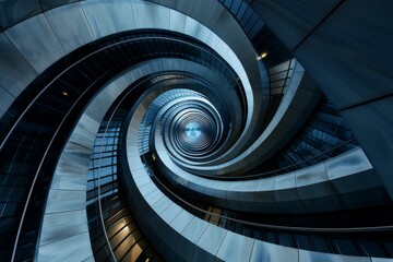 The futuristic architectural design features a spiraling tunnel with captivating bluetone lighting effects