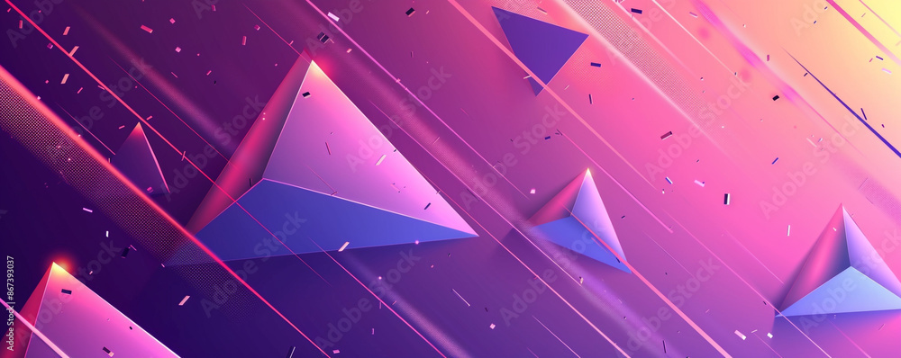 Poster triangle forms and diagonal stripes are scattered on an abstract purple and pink background