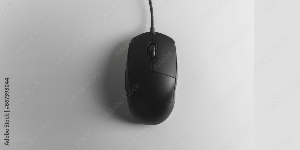 Poster a close-up view of a black computer mouse sitting on a white surface, ideal for use in technology an