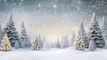 Naklejka premium Christmas tree and snowfall in vintage style. Beautiful forest in snow landscape. Christmas and New Year holidays background. Christmas Card. 3d illustration, generative ai